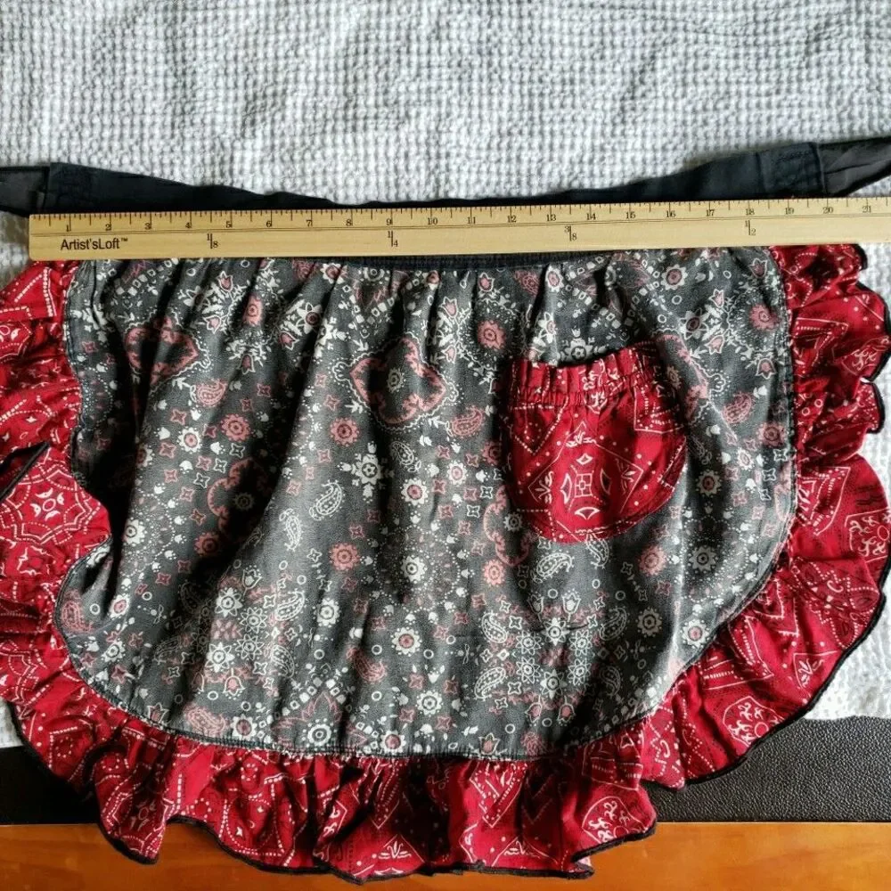 Handcrafted Bandana Paisley Half Apron Grey Red Ruffle Pocket Cottagecore